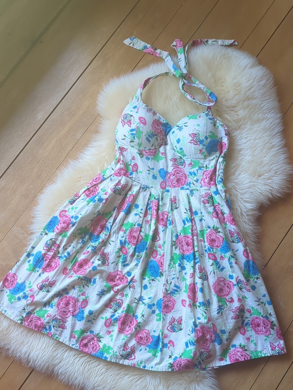 No Boundaries White Halter Dress with Pink & Blue Floral Print